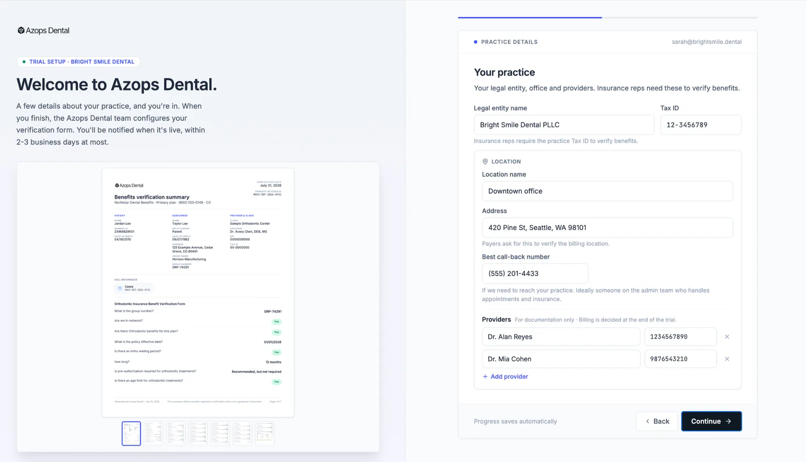 Setup form — practice details