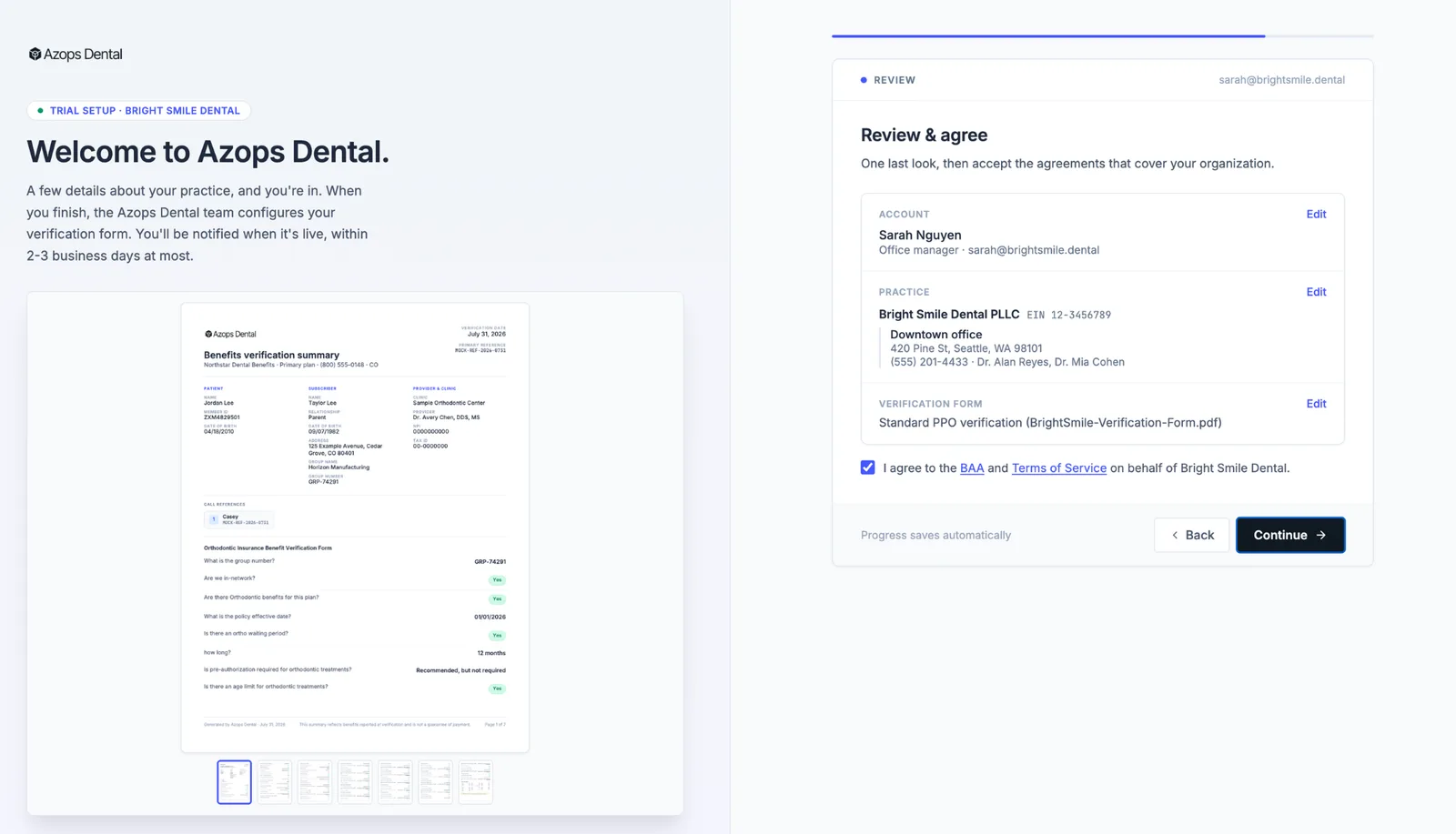 Setup form — review and agree