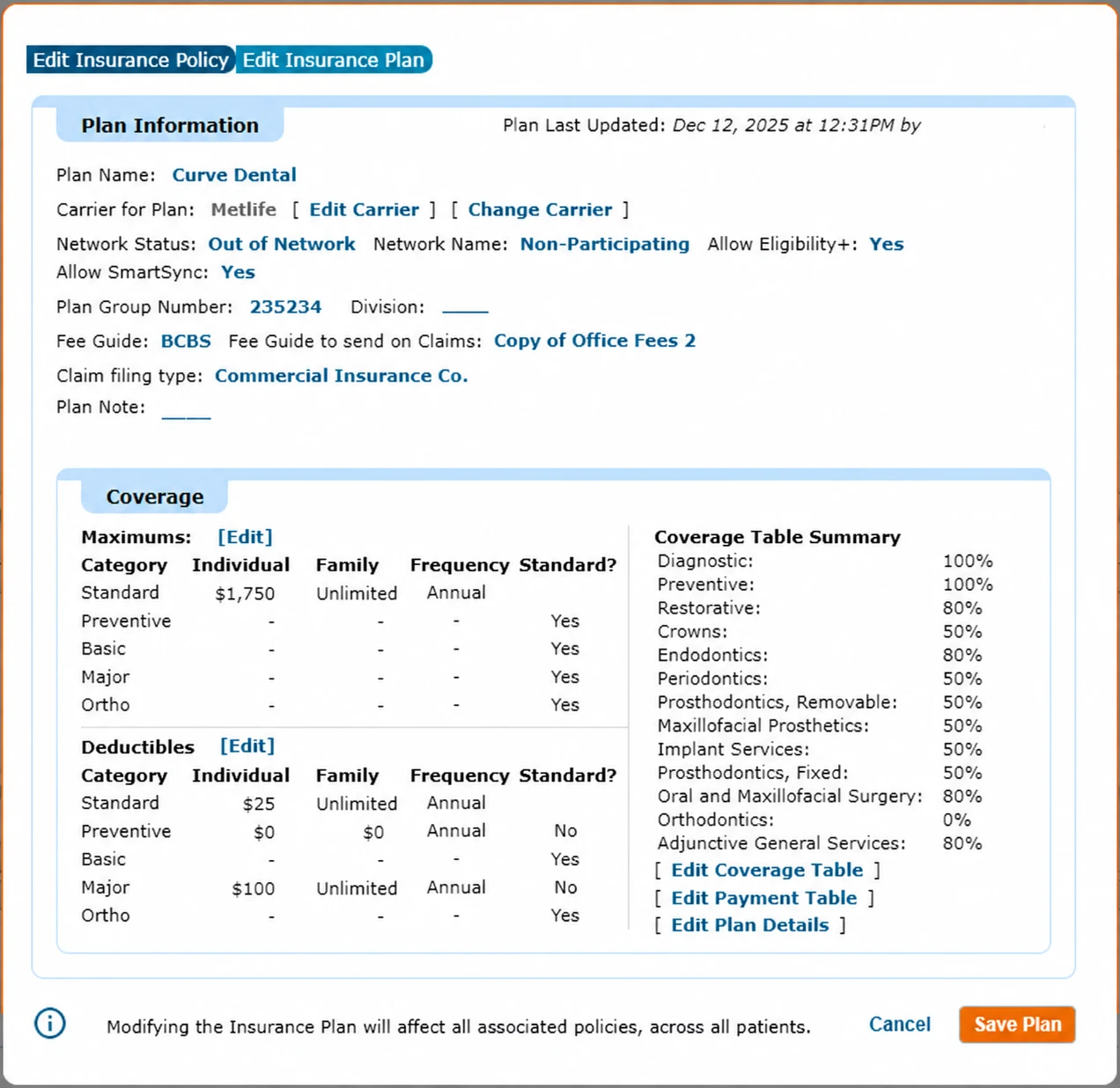 Curve Dental Edit Insurance Plan with Plan Information and Coverage
