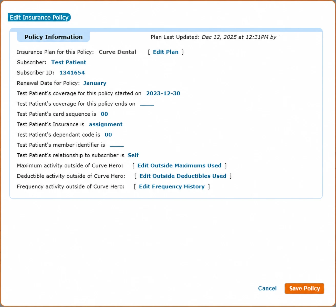 Curve Dental Edit Insurance Policy, Policy Information