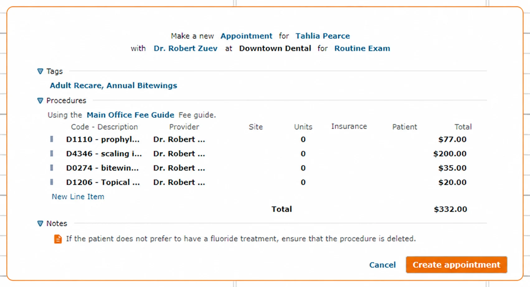 Curve Dental appointment with tags, procedures and appointment note