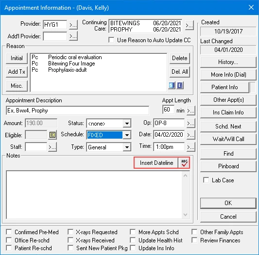 Dentrix Appointment Information window with reason, procedures and notes