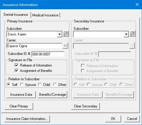Dentrix Family File Insurance Information with subscriber, carrier and Subscriber ID
