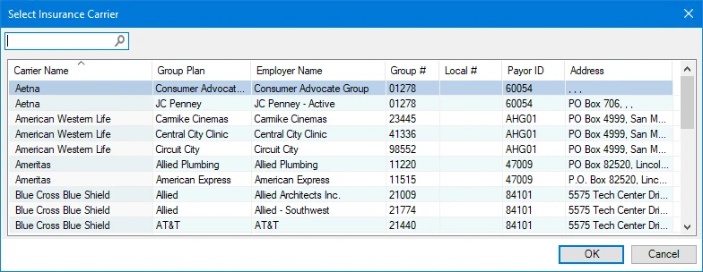 Dentrix Select Insurance Carrier list of group plans