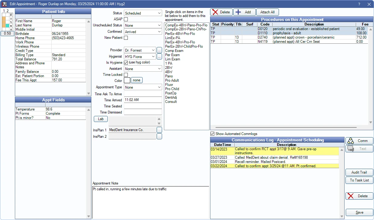 Open Dental Edit Appointment window with patient info, procedures and Appointment Note