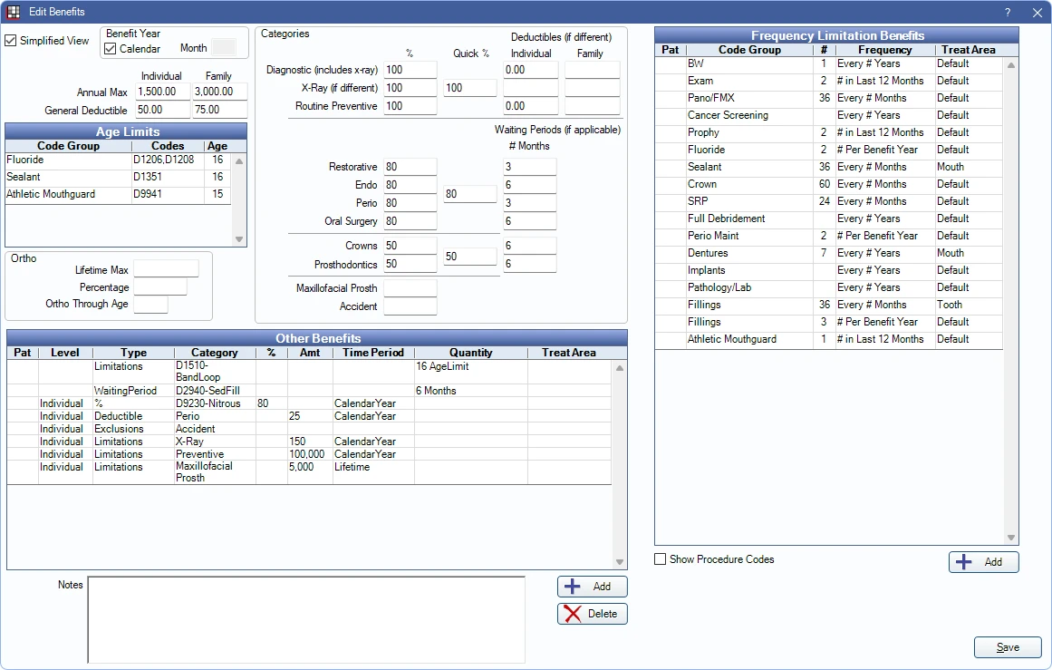 Open Dental Edit Benefits window in Simplified View