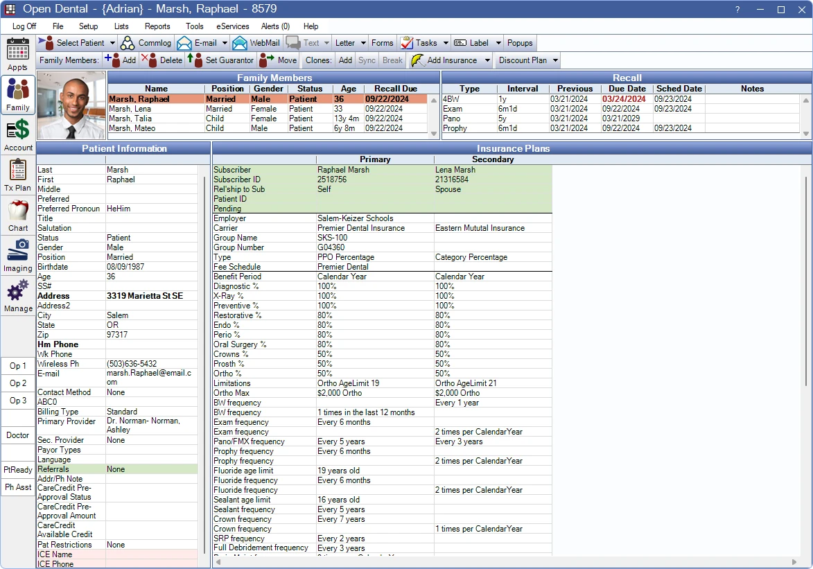 Open Dental Family Module with patient information and Insurance Plans grid