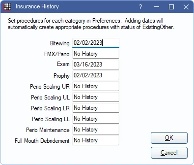 Open Dental Insurance History window with last procedure dates