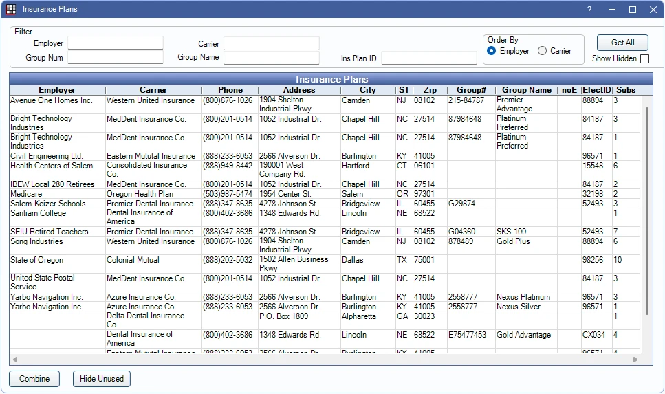 Open Dental Insurance Plans list filtered by employer, carrier and group number
